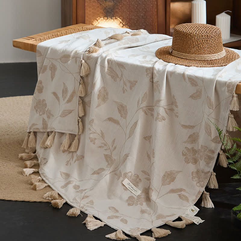 Floral Leaf Jacquard Cotton Linen Blanket - image 5