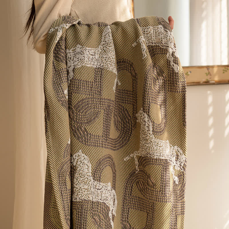 Horse & Geometric Pattern Cotton Bath Towel - Dark Green - 31"W*63"L - image 0