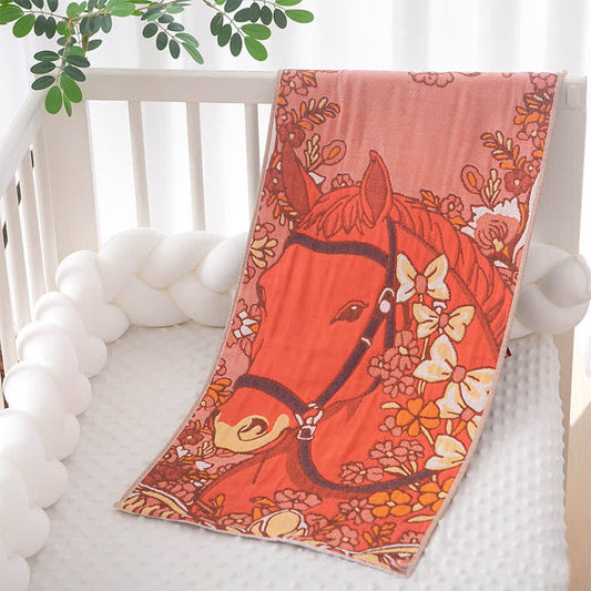 Oriental Horse Floral Cotton Gauze Towel - Orange - 14"W x 29"L - image 0