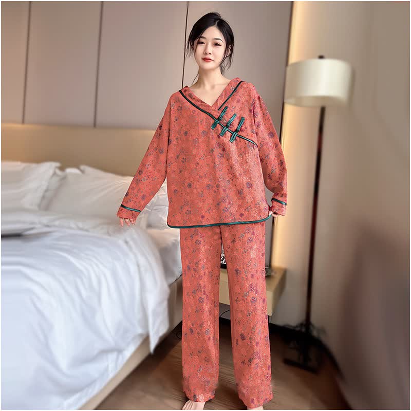Ownkoti Plus Size Frog Button Rose Cotton Pajama Set - Coral Orange - 3XL - image 2