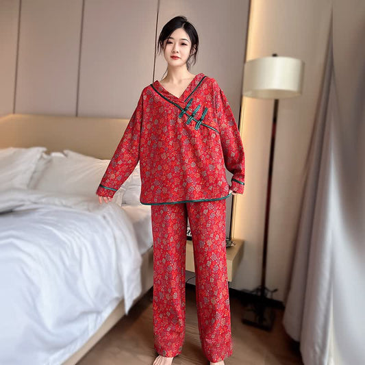 Ownkoti Plus Size Frog Button Rose Cotton Pajama Set - Red - 3XL - image 0