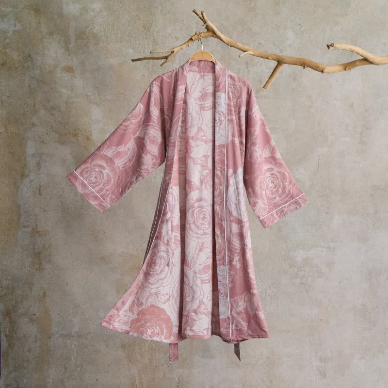 Luxurious Peony Pure Cotton Kimono Robe - Pink - XL - image 6