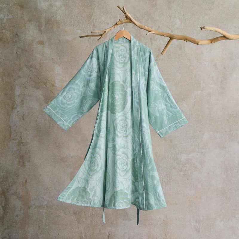 Luxurious Peony Pure Cotton Kimono Robe - Green - XL - image 0