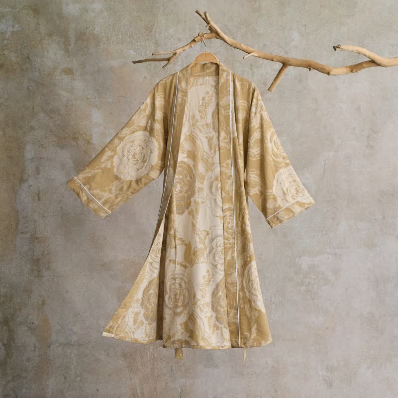 Luxurious Peony Pure Cotton Kimono Robe - Yellow - XL - image 13