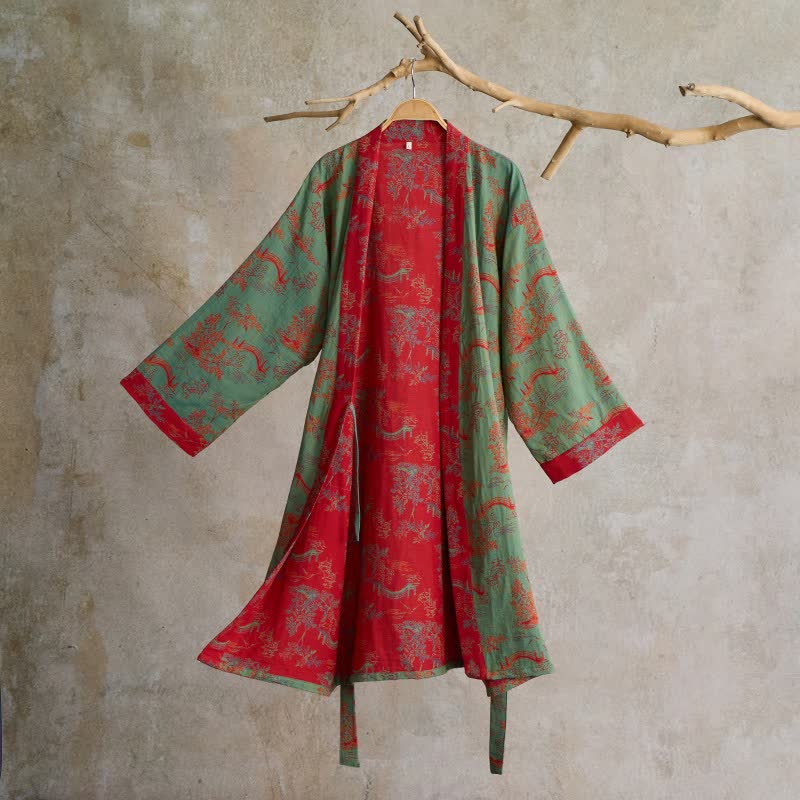Oriental Bridge & Tree Cotton Kimono Robe - Green - L - image 7