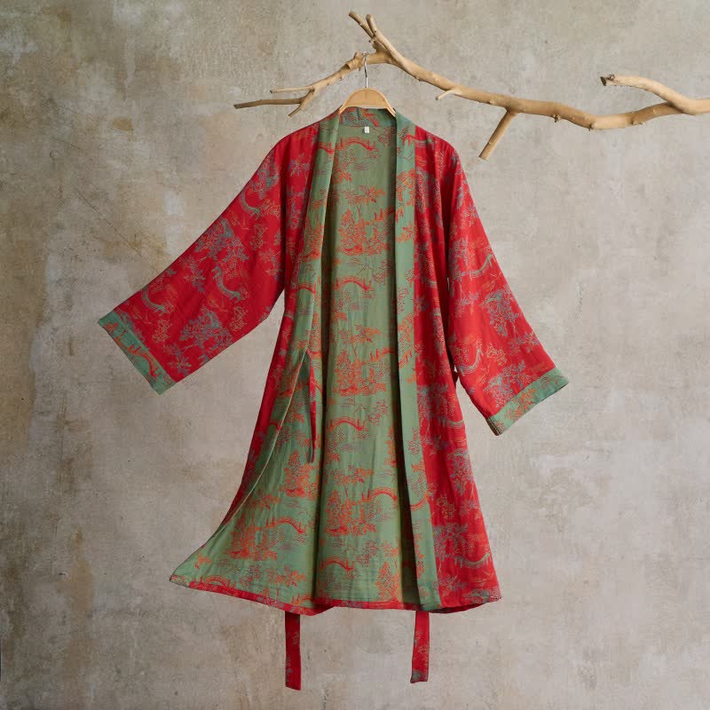 Oriental Bridge & Tree Cotton Kimono Robe - Red - L - image 0