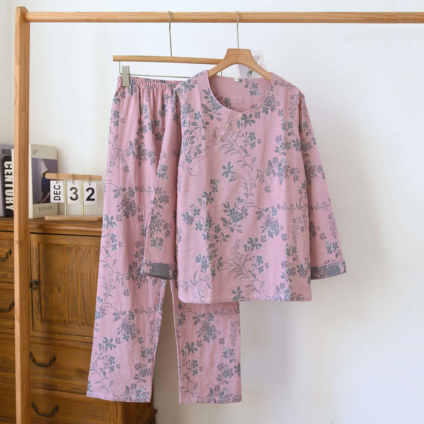 Plum Blossom Jacquard Cotton Gauze Pajamas - Pink - XL - image 14