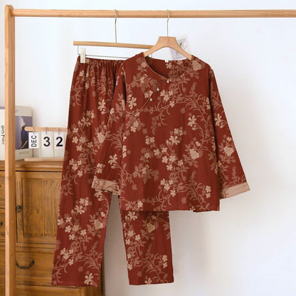 Plum Blossom Jacquard Cotton Gauze Pajamas - Dark Red - XL - image 3