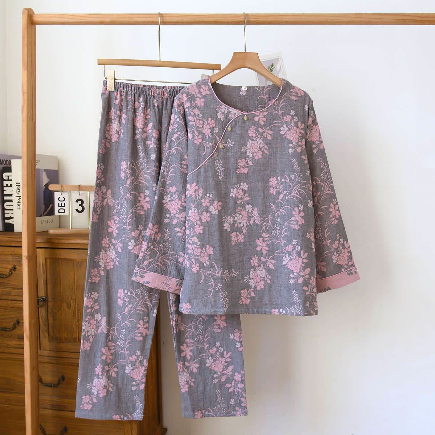 Plum Blossom Jacquard Cotton Gauze Pajamas - Gray - XL - image 15