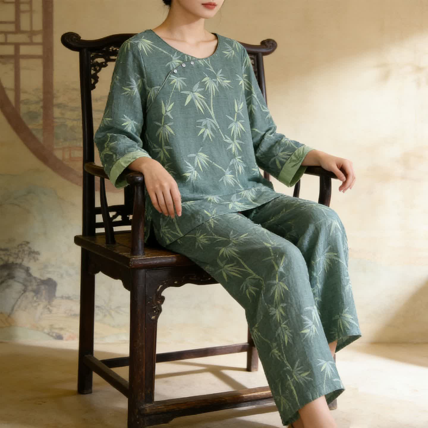Green Bamboo Jacquard Cotton Gauze Pajamas - image 2