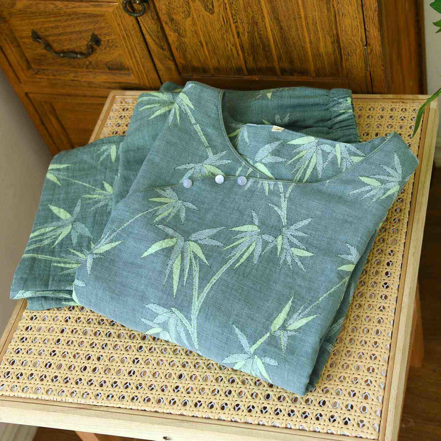 Green Bamboo Jacquard Cotton Gauze Pajamas - image 5