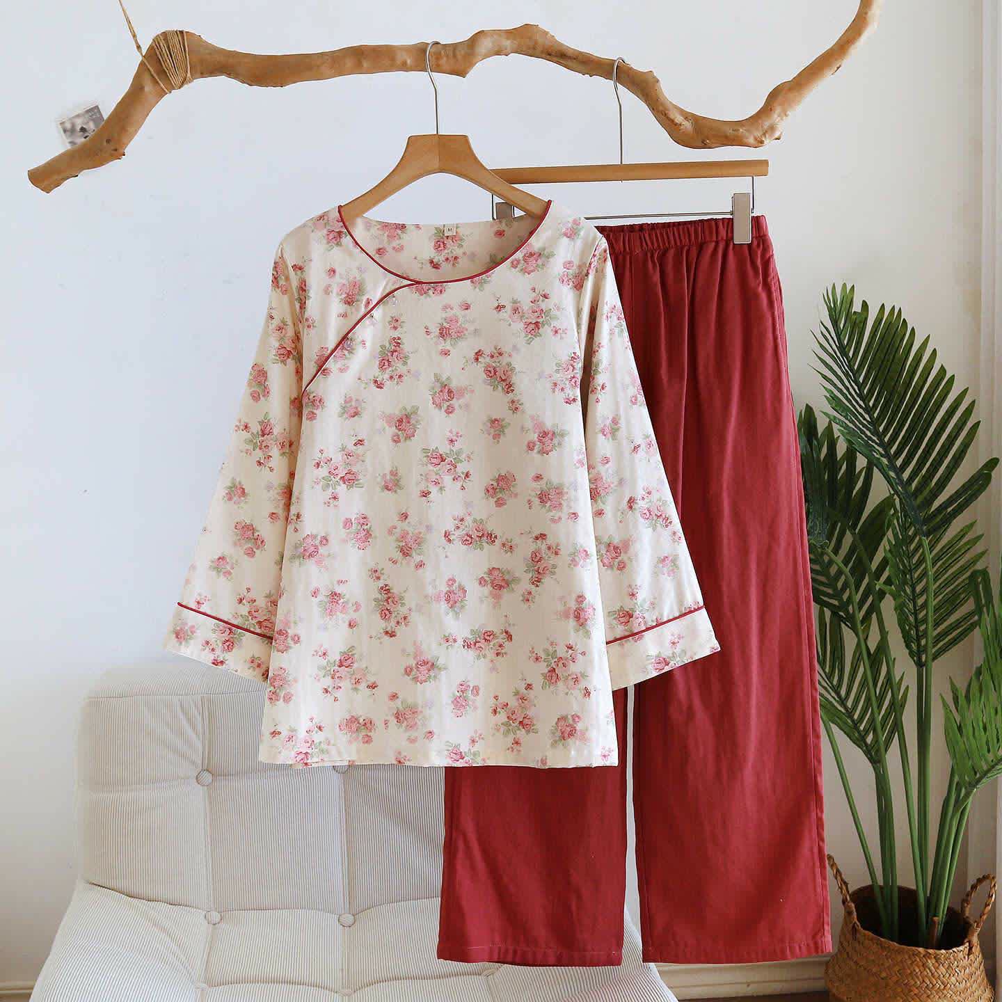 Romantic Rose Cotton Gauze Pajamas - Red - XL - image 0