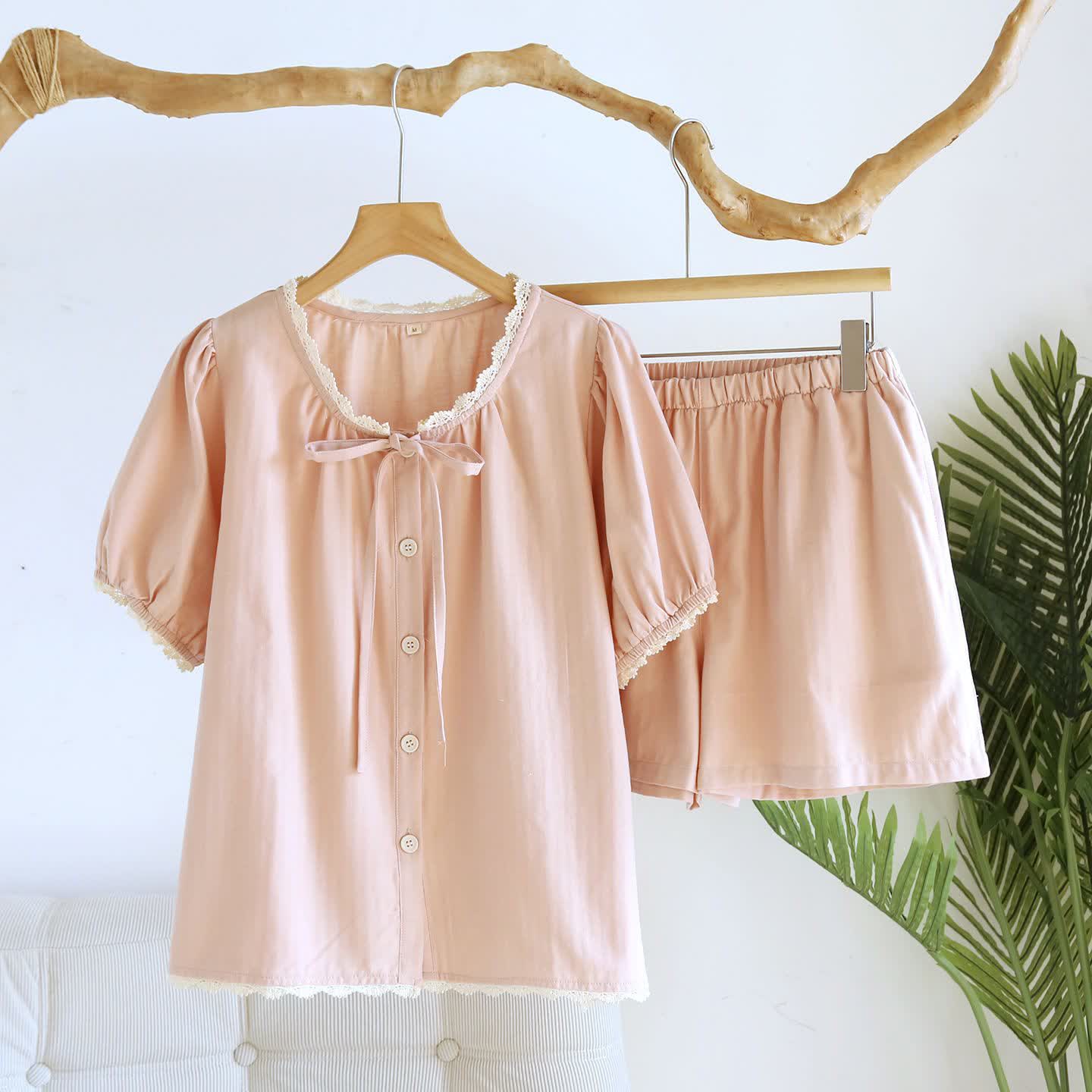 Solid Color Lace-trimmed Short Pajama Set - Pink - XL - image 4