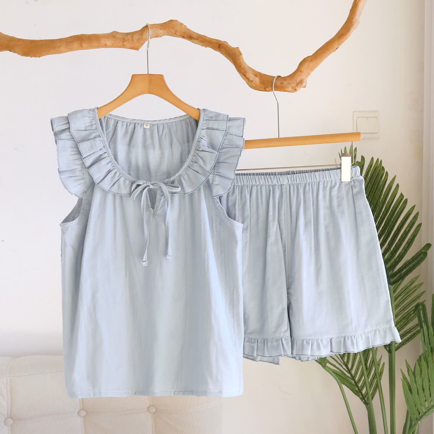 Solid Color Ruffled Tank Pajama Set - Blue - XL - image 3