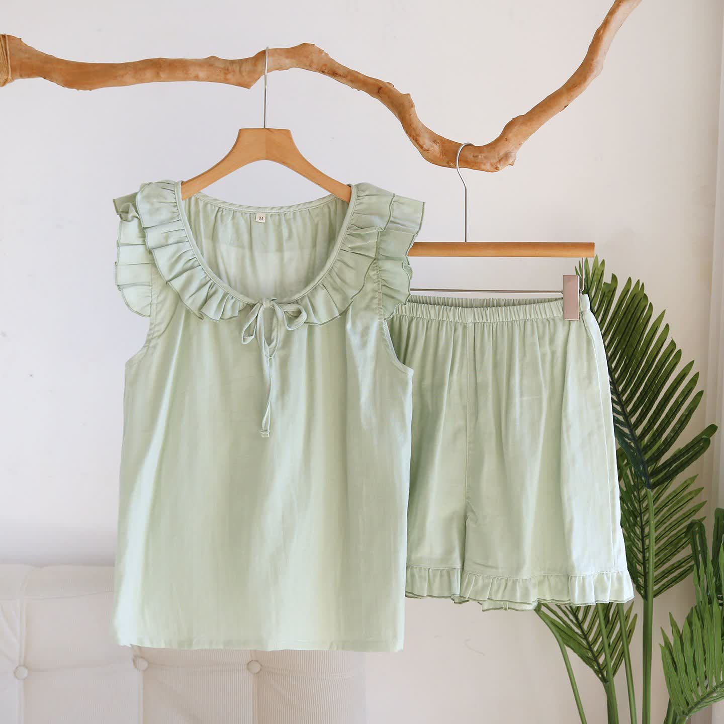 Solid Color Ruffled Tank Pajama Set - Green - XL - image 4