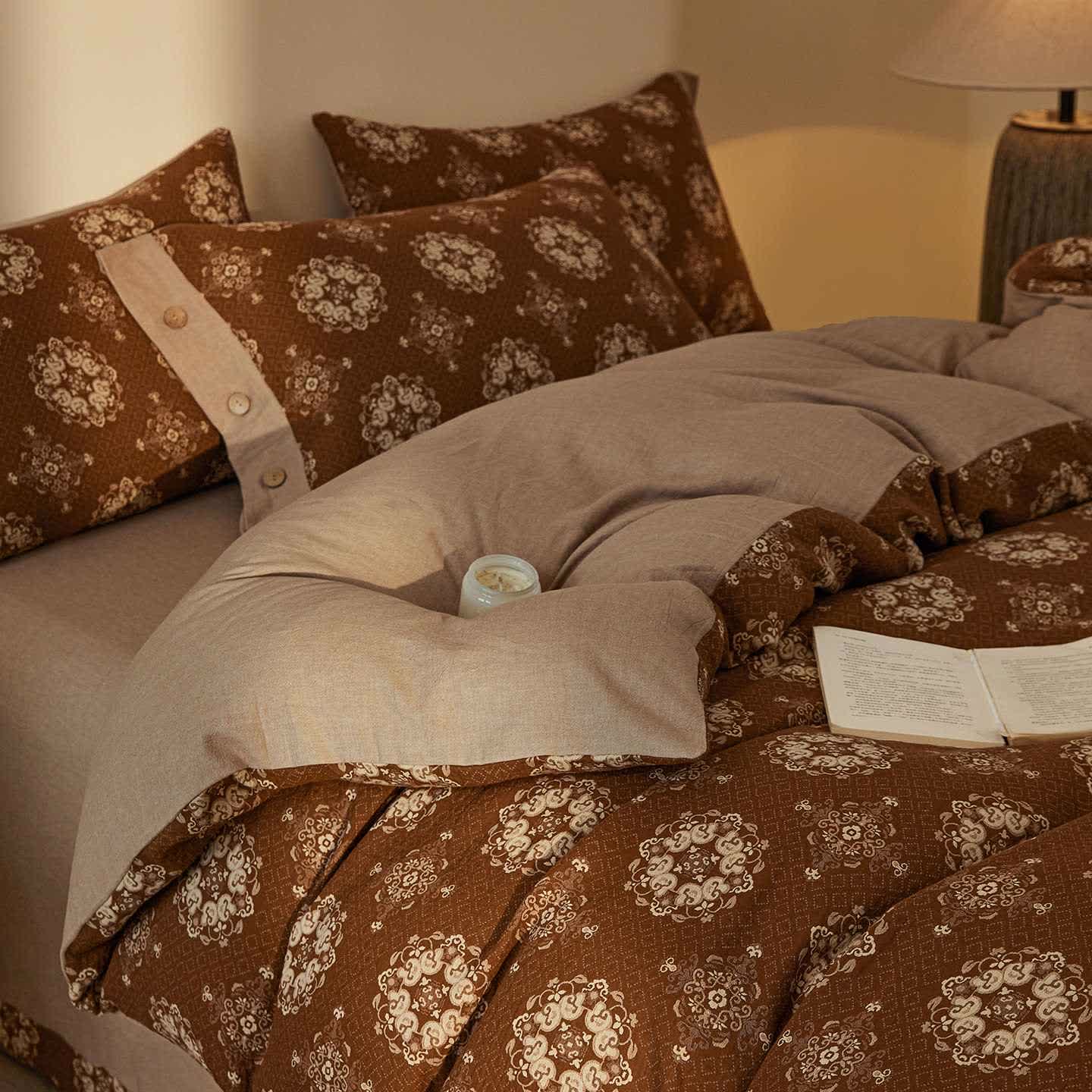 Vintage Geometric Cotton Double Gauze Bedding Set(4PCS) - Coffee - King - image 9