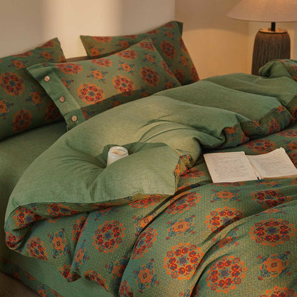 Vintage Geometric Cotton Double Gauze Bedding Set(4PCS) - Green - King - image 0