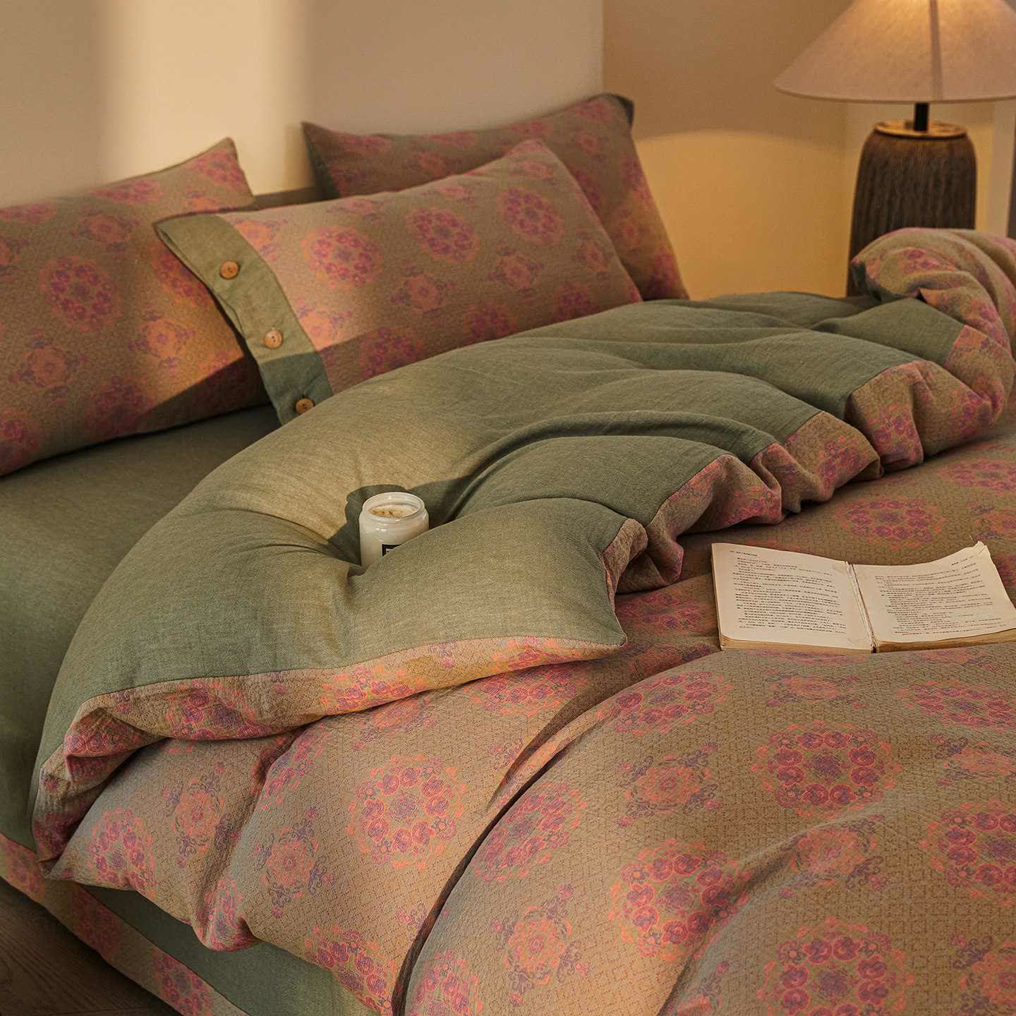 Vintage Geometric Cotton Double Gauze Bedding Set(4PCS) - Light Purple - King - image 13