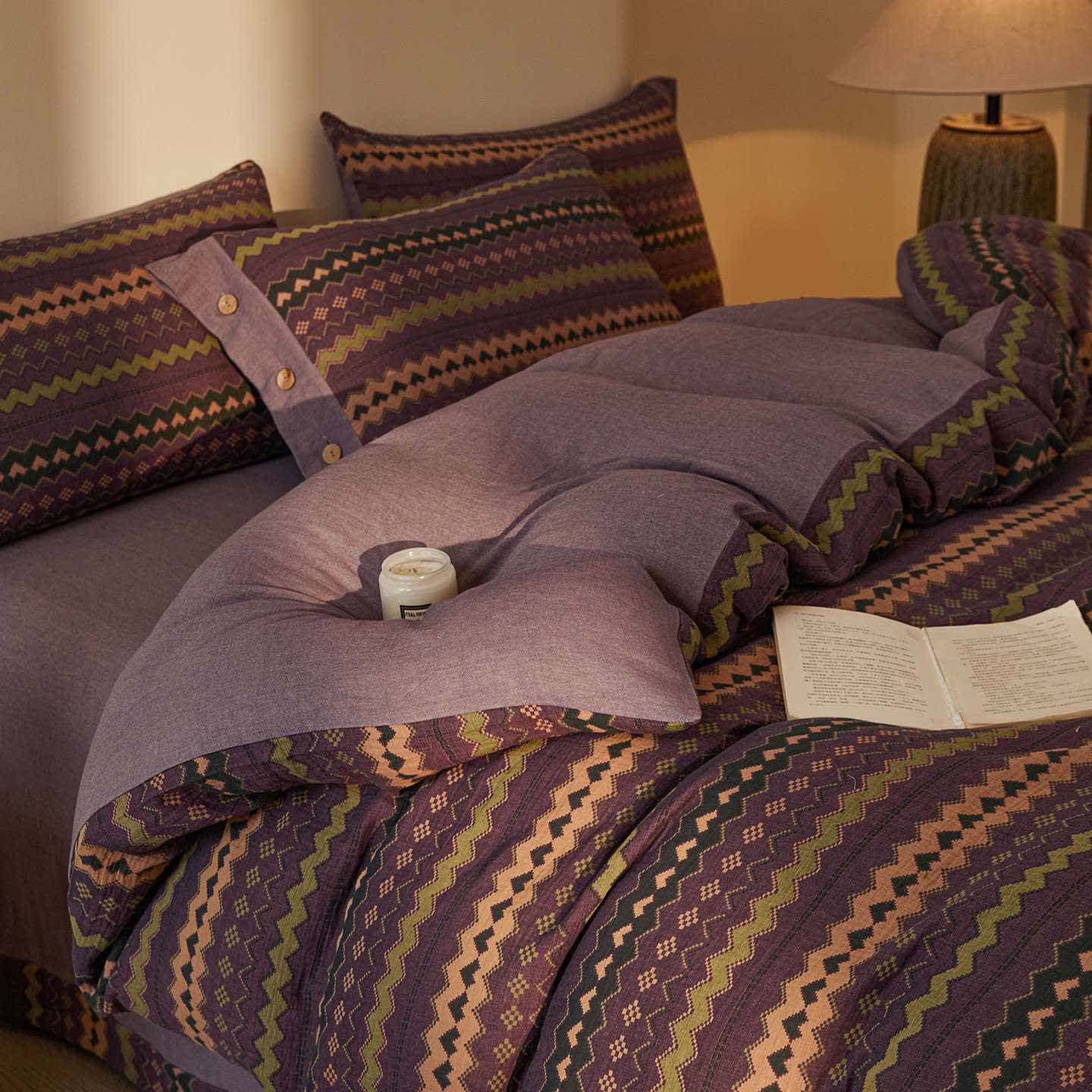 Wavy Stripe Cotton Double Gauze Bedding Set(4PCS) - Purple - King - image 8