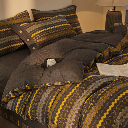 Wavy Stripe Cotton Double Gauze Bedding Set(4PCS) - Yellow - King - image 0