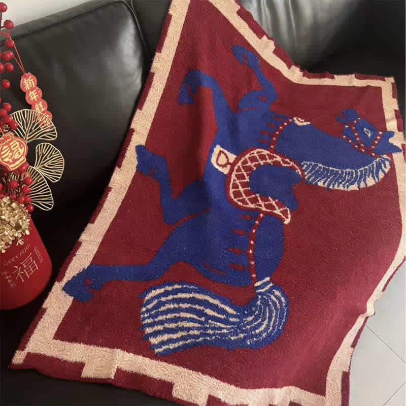 Blue Horse Totem Knitted Throw Blanket - image 1