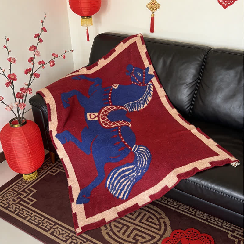 Blue Horse Totem Knitted Throw Blanket - 51"W x 67"L - image 0
