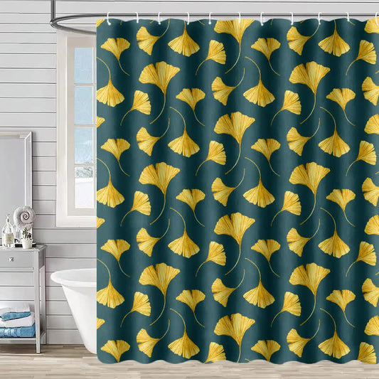 Golden Ginkgo Leaf Print Shower Curtain - Dark Green - 90"W x 71"L - image 0