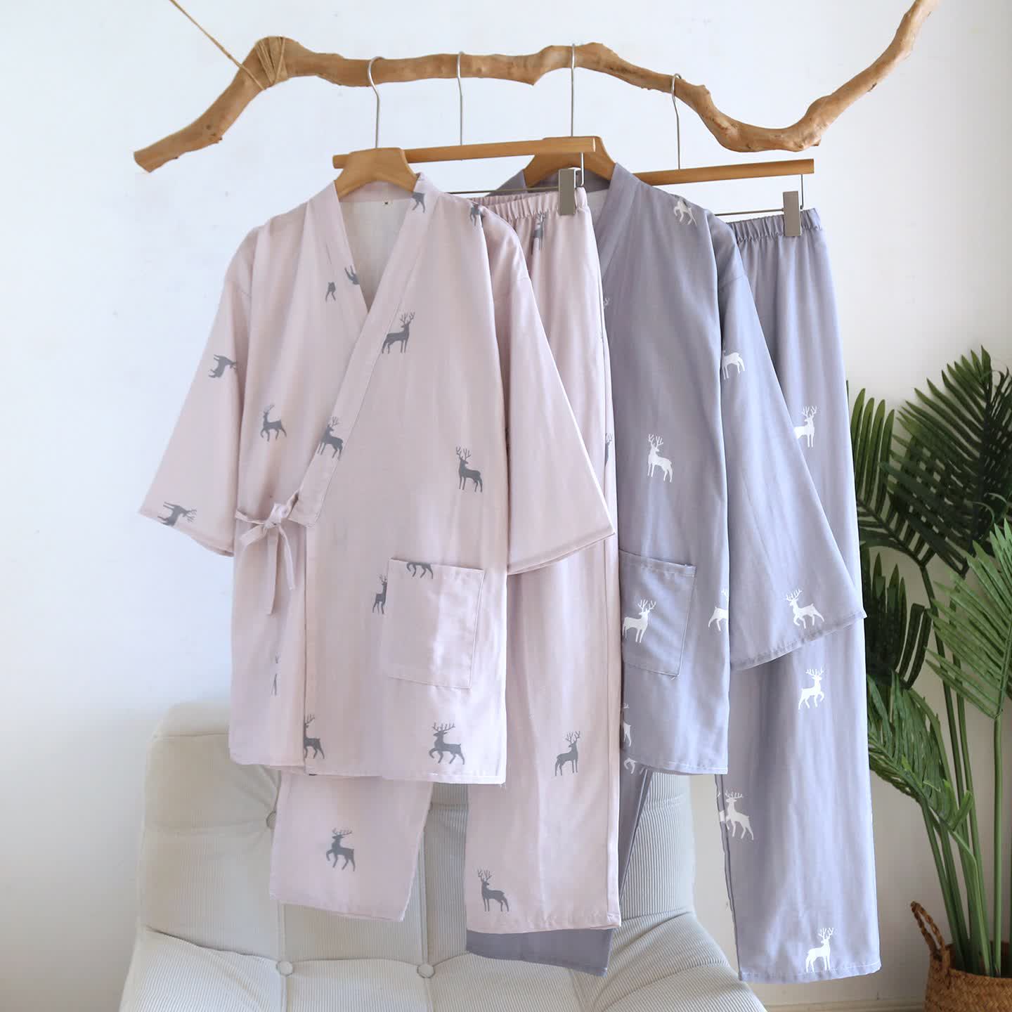 Deer Kimono Cotton Gauze Loungewear Set - image 0
