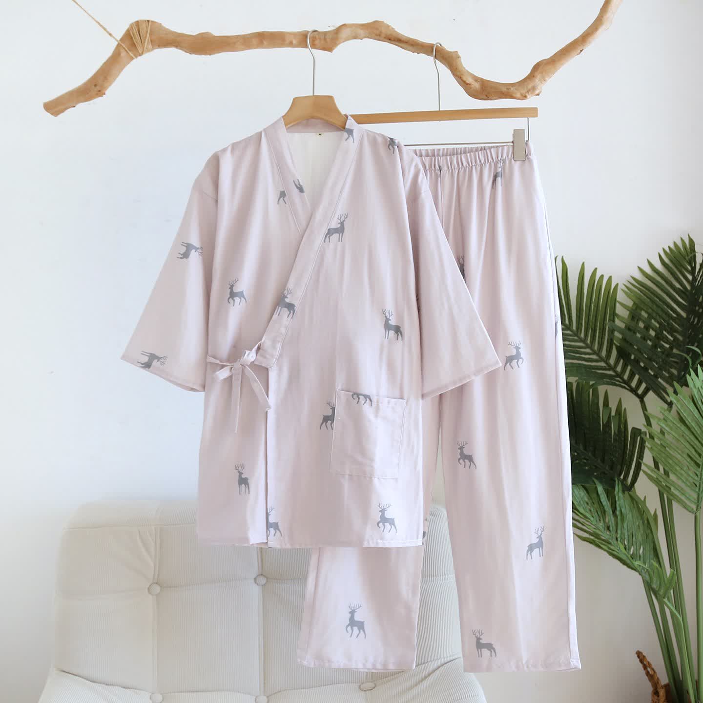Deer Kimono Cotton Gauze Loungewear Set - Women: Pink - XL - image 1