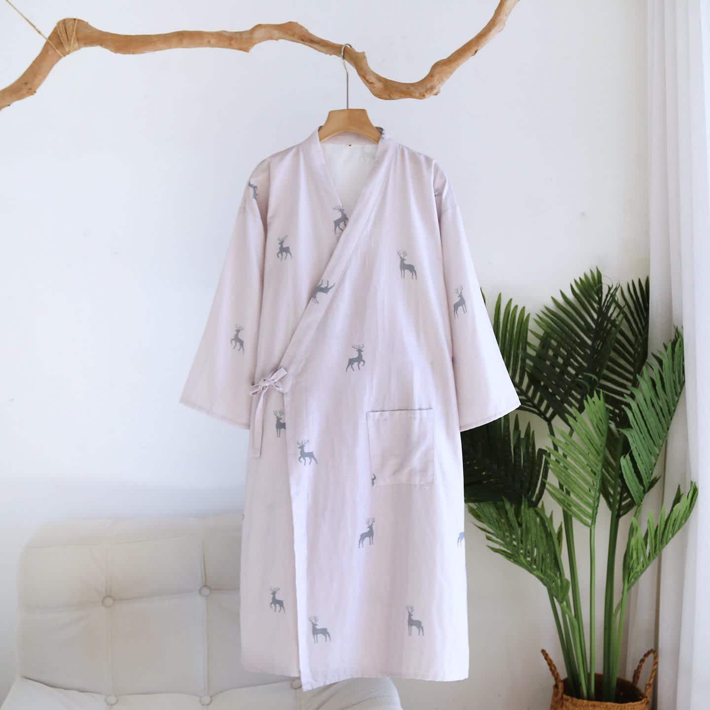 Couple Deer Cotton Gauze Kimono Bathrobe - Light Pink - L - image 1