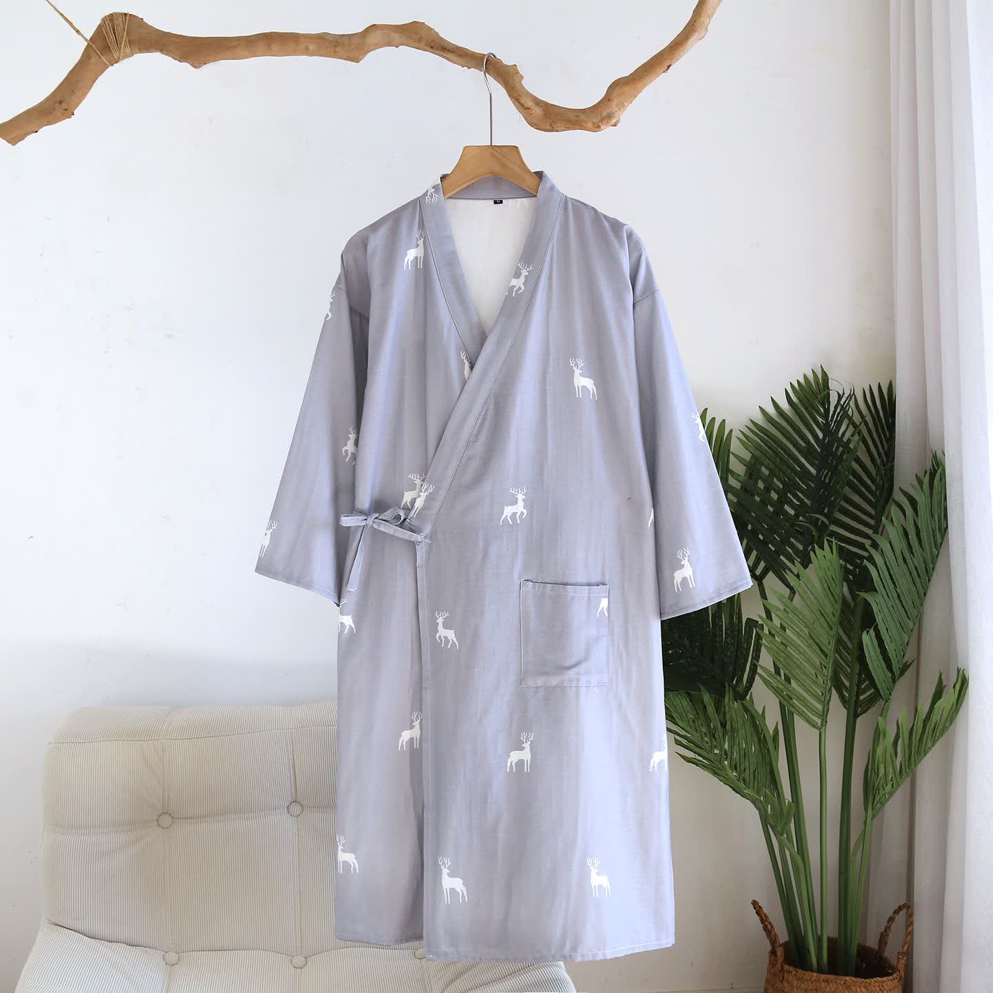 Couple Deer Cotton Gauze Kimono Bathrobe - Blue - L - image 11