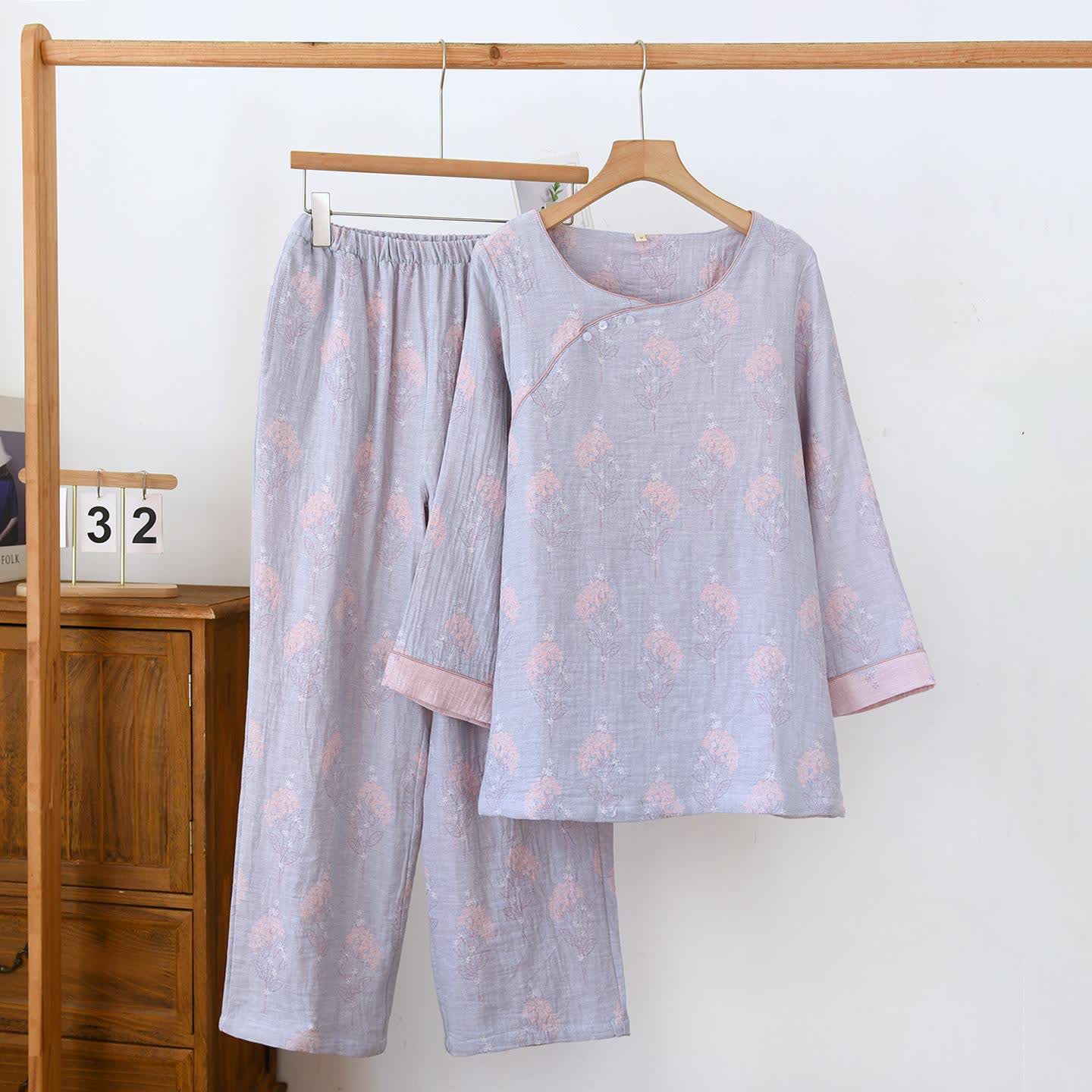 Muted Floral Vintage Cotton Pajama Set - Blue - XL - image 1