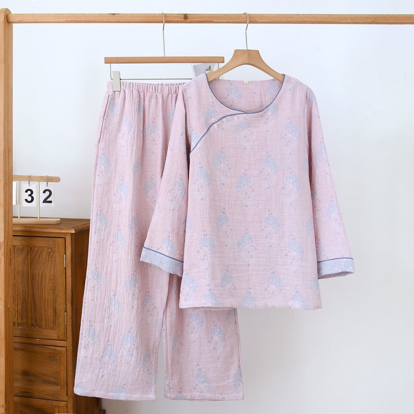 Muted Floral Vintage Cotton Pajama Set - Pink - XL - image 2
