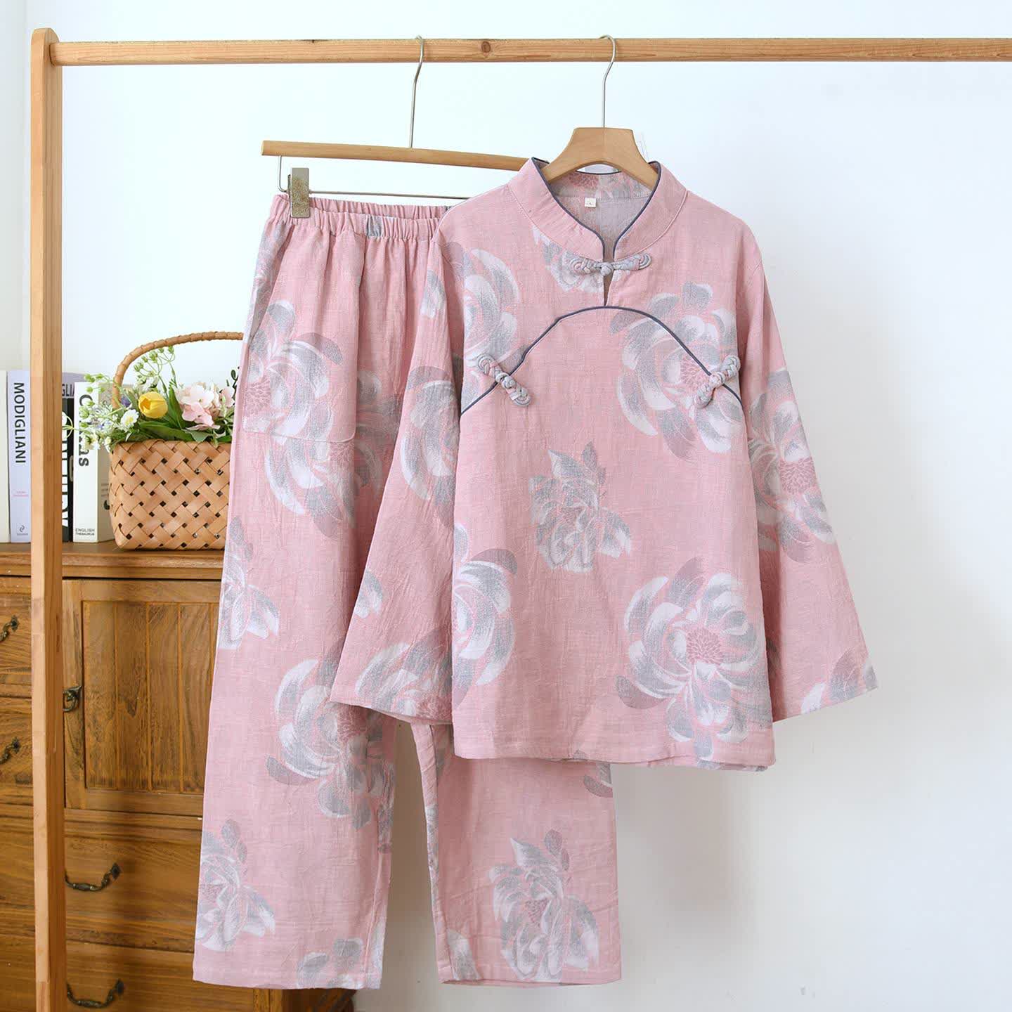 Peony Mandarin Collar Cotton Pajama Set - Pink - XXL - image 0