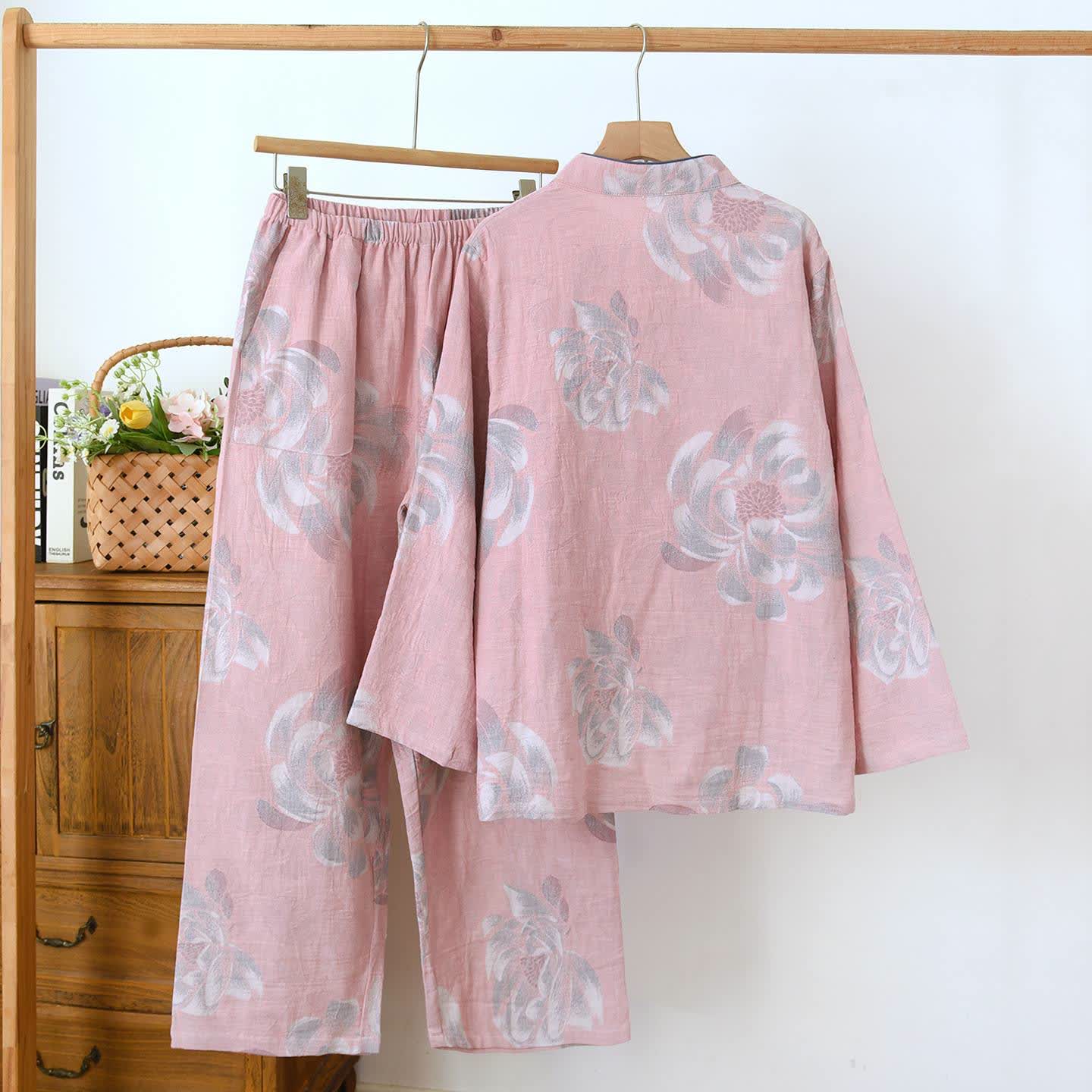 Peony Mandarin Collar Cotton Pajama Set - image 1