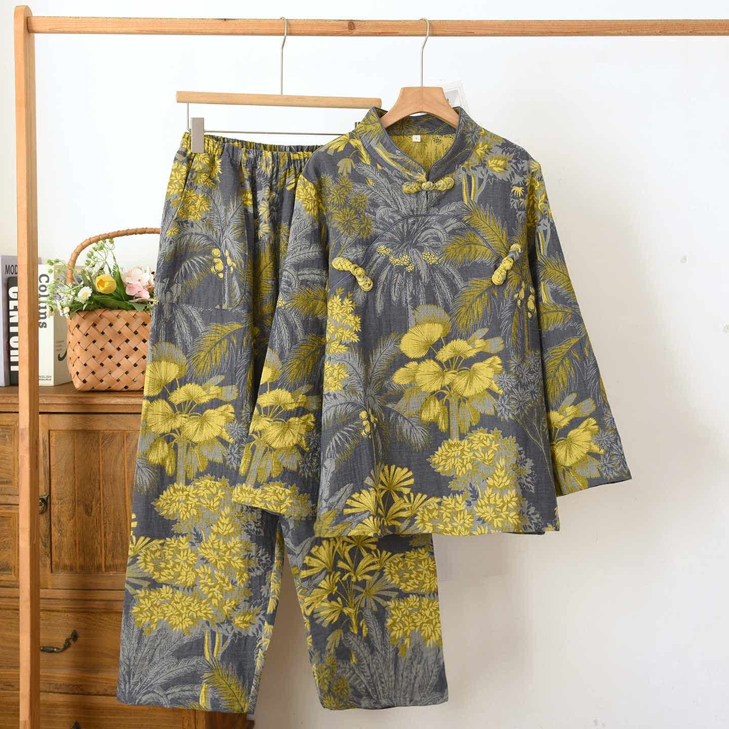 Botanical Mandarin Collar Cotton Pajama Set - Gray - XXL - image 0