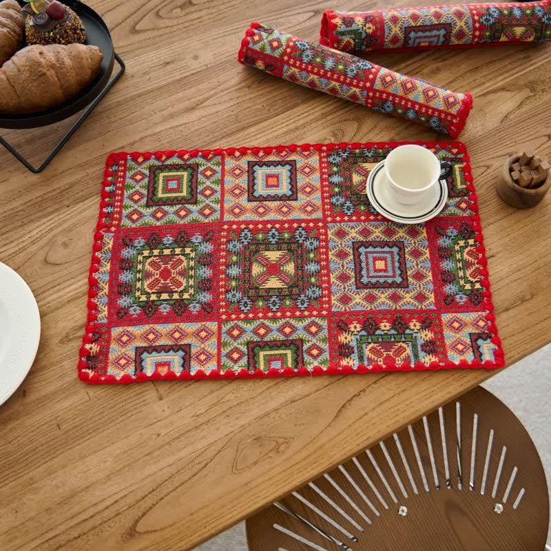Vintage Geometric Pattern Jacquard Fabric Placemat(3PCS) - Red - 3PCS - 12" x 18" - image 0