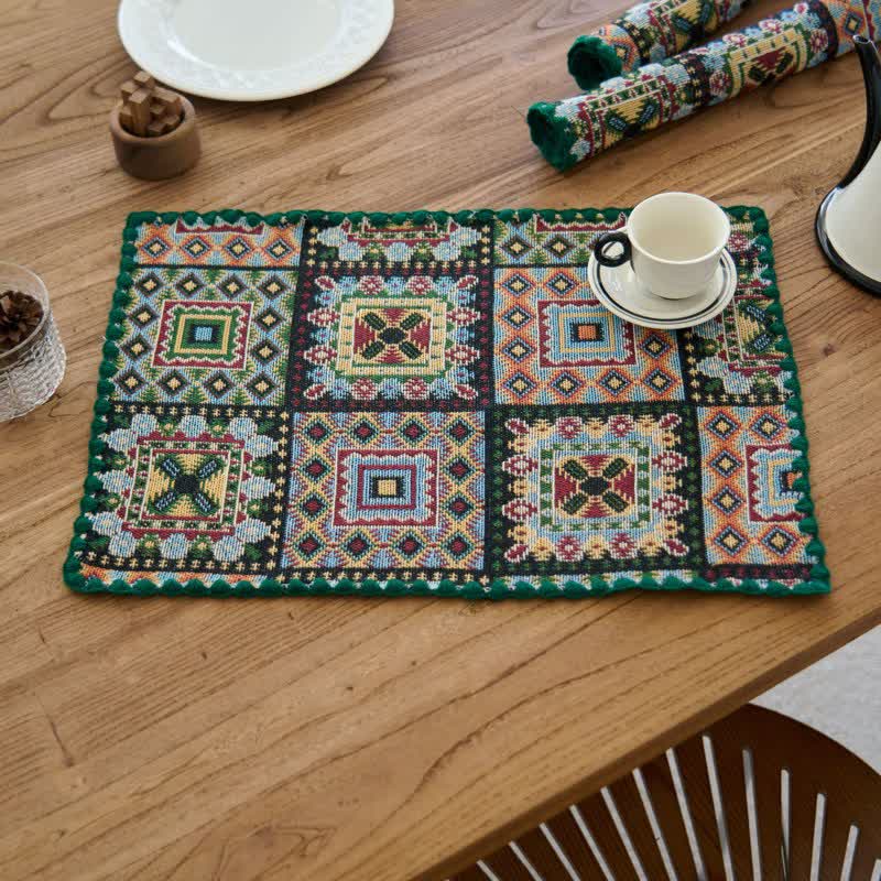 Vintage Geometric Pattern Jacquard Fabric Placemat(3PCS) - Black - 3PCS - 12" x 18" - image 2