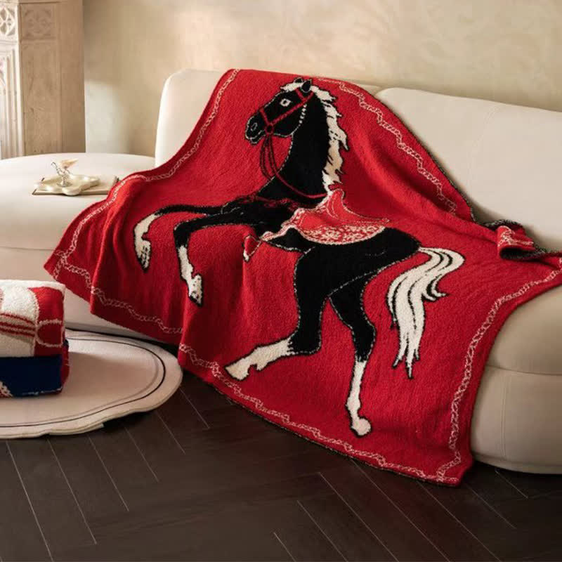 Festive Horse Motif Knit Throw Blanket - image 3