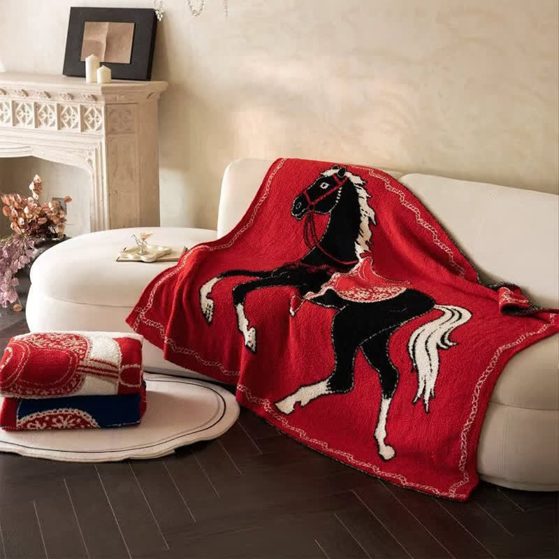 Festive Horse Motif Knit Throw Blanket - Black - 51"W x 67"L - image 2