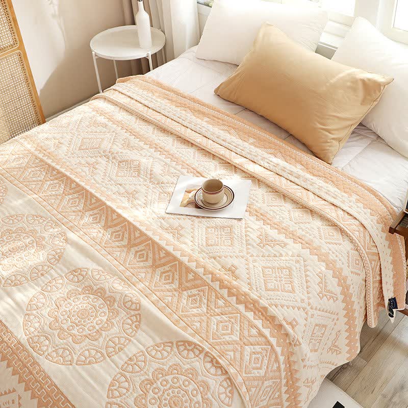 Beige Geometric Pattern Cotton Gauze Quilt - Queen - image 0