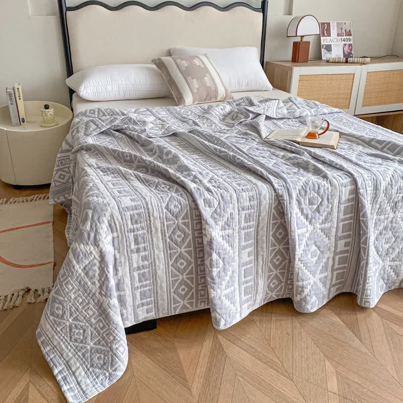 Ethnic Style Geometric Cotton Gauze Quilt - Gray - Queen - image 4