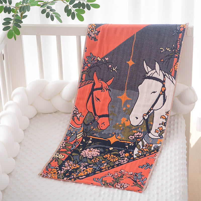 Artistic Horse Floral Cotton Gauze Towel - Orange & Black - 14"W*29"L - image 0