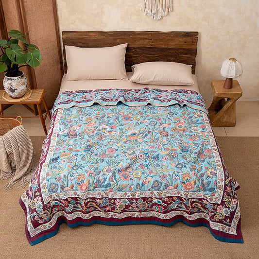 Blue Floral Cotton Gauze Quilt - Queen - image 0