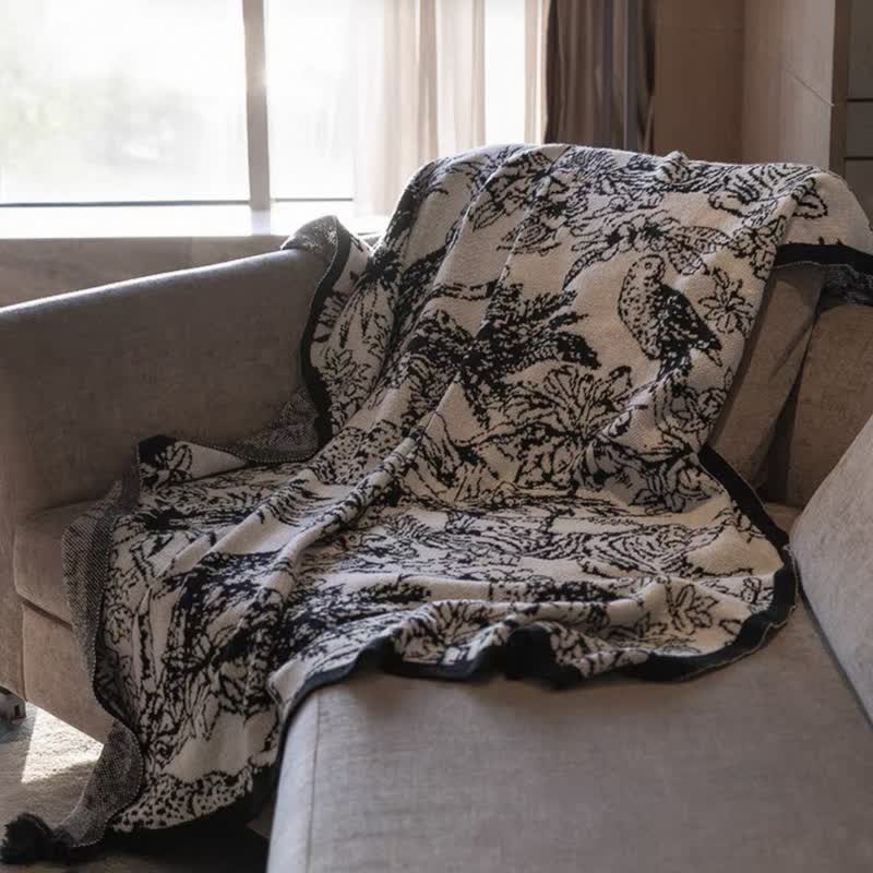 Vintage Ink Floral Bird Knit Throw Blanket - image 3