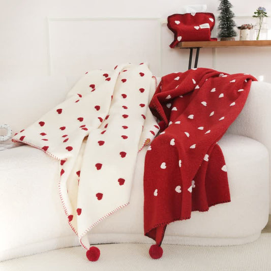 Heart Pattern Throw Blanket with Pom-Poms - image 0