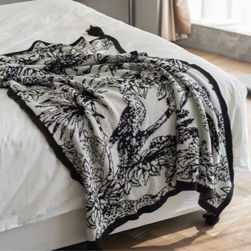 Vintage Ink Floral Bird Knit Throw Blanket - image 1