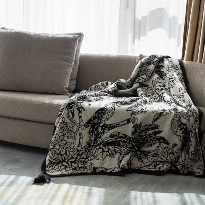 Vintage Ink Floral Bird Knit Throw Blanket - image 4