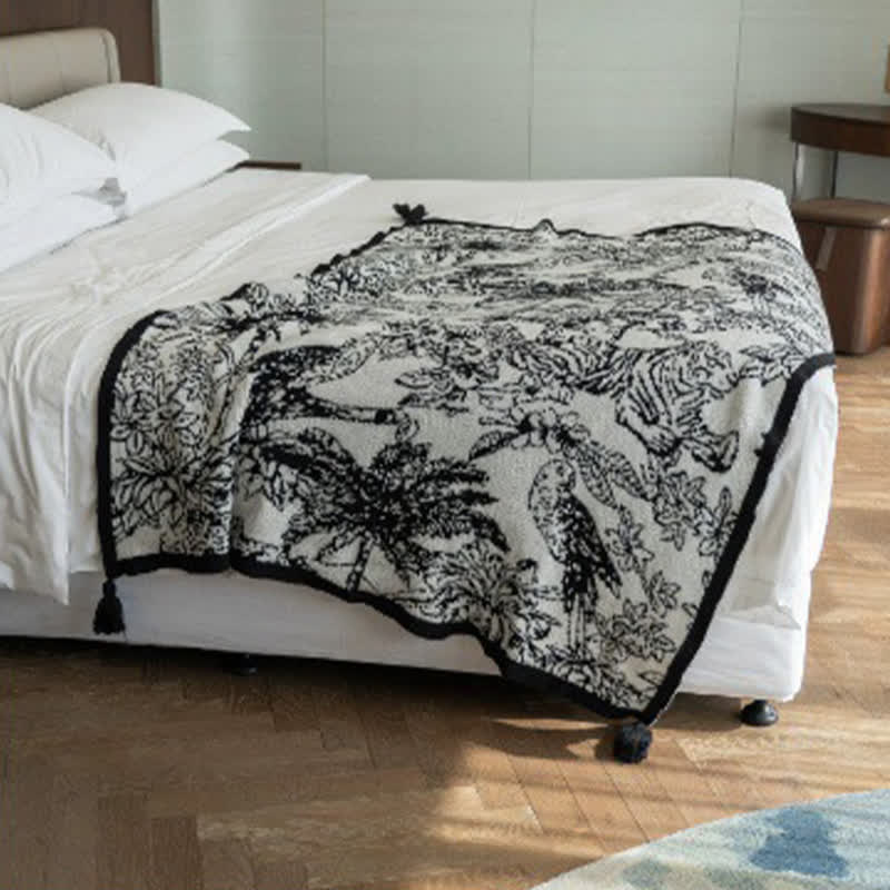 Vintage Ink Floral Bird Knit Throw Blanket - image 5