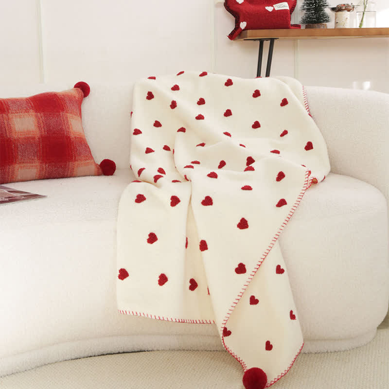 Heart Pattern Throw Blanket with Pom-Poms - image 2
